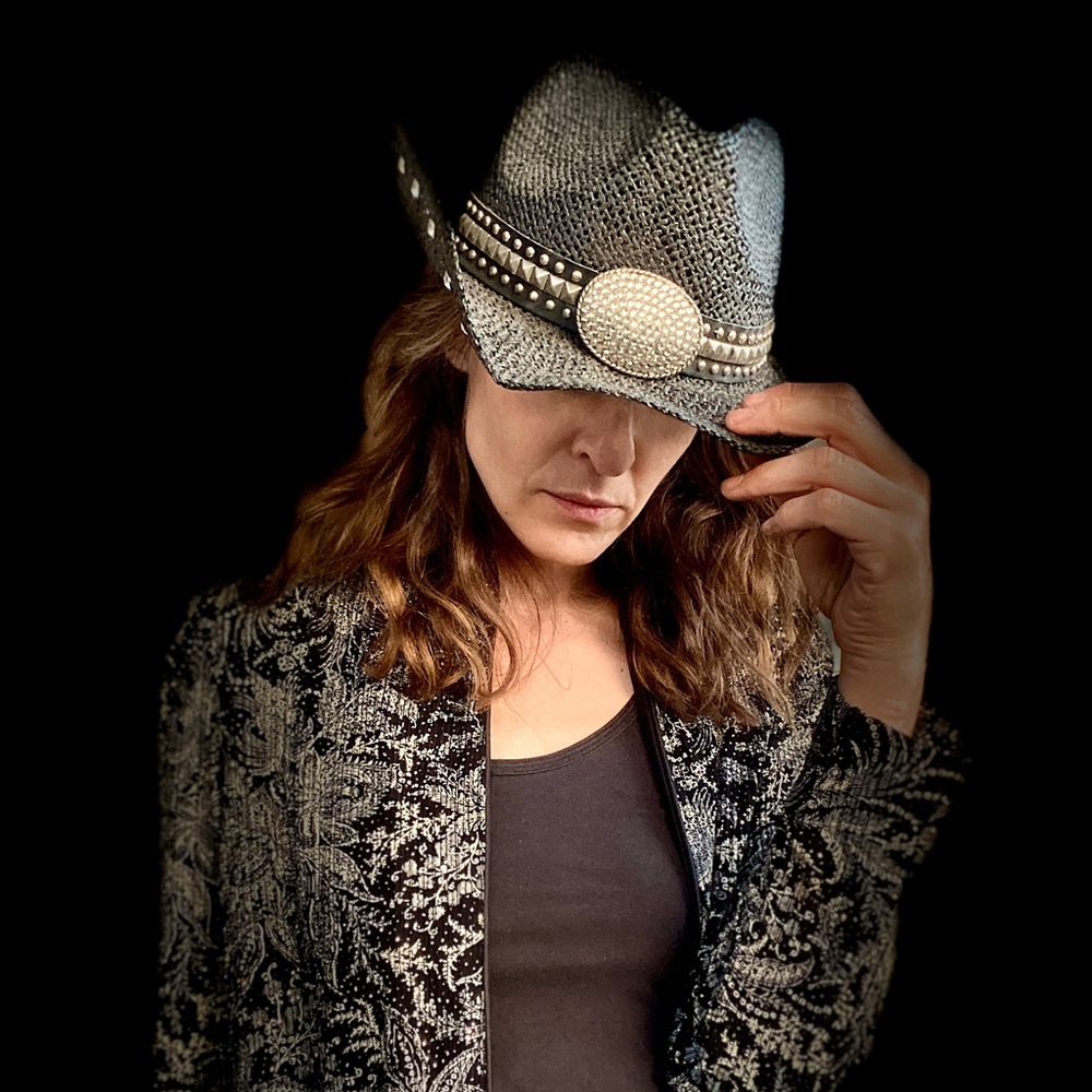 Black Studded Straw Cowboy Hat with Concho